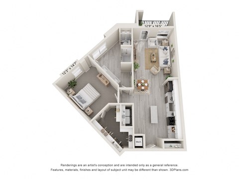 Floor plan for 1 bed, 1 bath, 1001 sqft